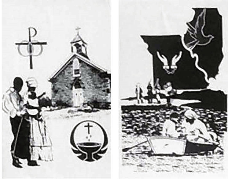 Tim Haubrich, a longtime member of St. Peter Parish in Quincy, Illinois, and longtime art director for his family business, PAM Printers, created these images as part of a series of nine that will be etched in black granite and mounted on an exterior wall of St. Peter Church in Quincy. These represent his baptism in Brush Creek, Missouri, add his family’s escape by boat to Illinois.